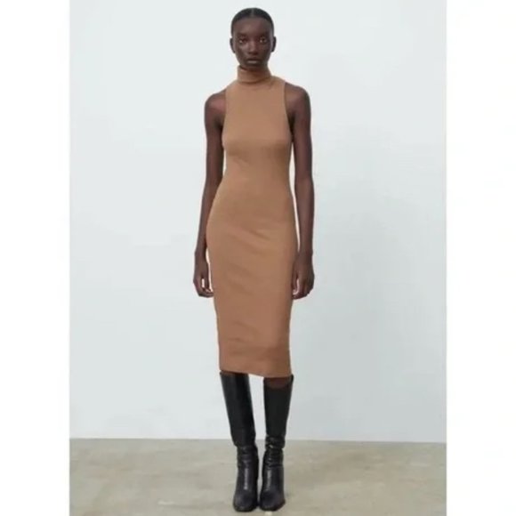 Bodycon Ribbed Turtleneck, Sleeveless Dress Midi - Picture 4 of 5